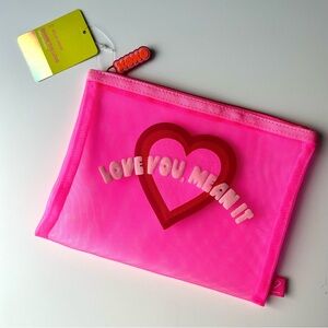 Mesh Pink Pouch NWT, "Love You, Mean It" Cosmetic Bag with Charm